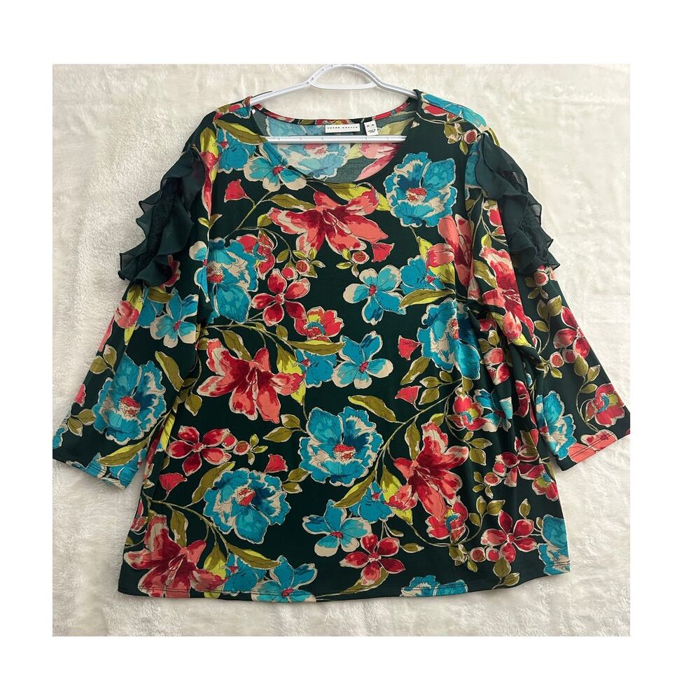 Susan Graver Floral Tunic Top XL Ruffle Sleeve Colorful